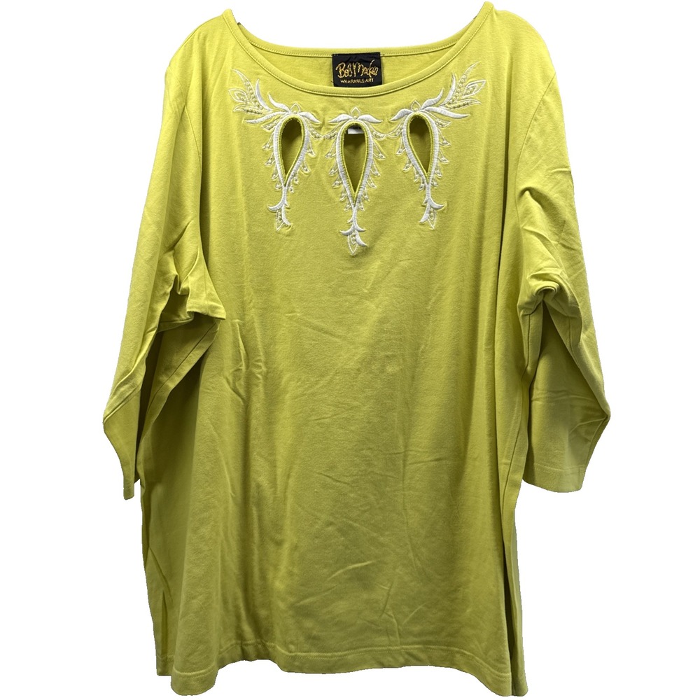 Bob Mackie Women's Top Size 1X Plus Yellow White Embroidered Art 3/4 Sleeves